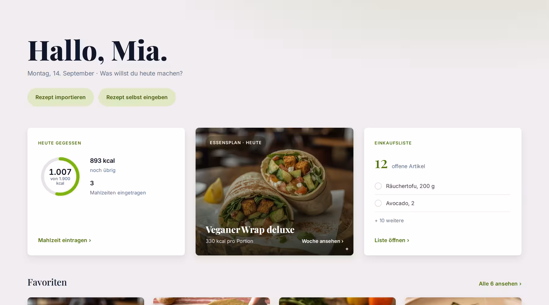 Startseite der App mit Tagesbilanz, Essensplan und Einkaufsliste