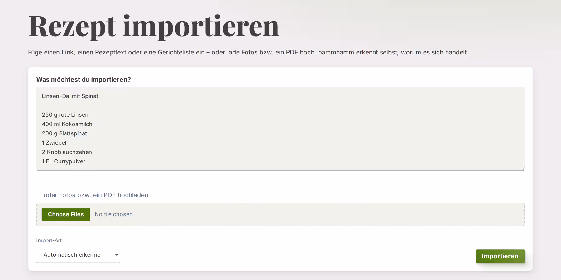 Importformular mit eingefügtem Rezepttext