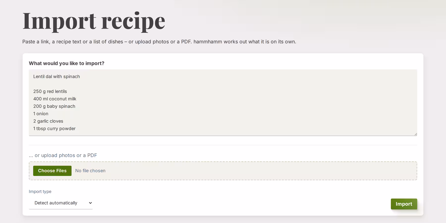 Import form with pasted recipe text