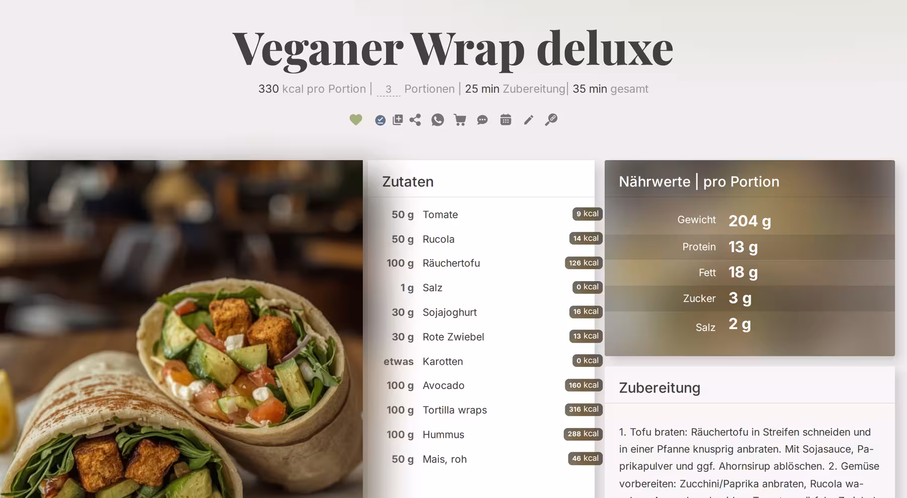 Rezept mit Zutaten und Nährwerten pro Portion